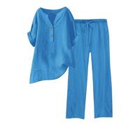 Generisch Traje deportivo para mujer, 2 piezas, traje de pantalón de lino, traje de ocio, traje de lino monocolor, blusa de dos piezas, pantalones largos, elegante, holgado, traje deportivo, traje