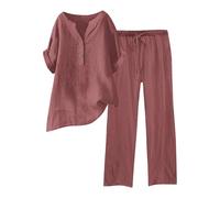Generisch Traje deportivo para mujer, 2 piezas, traje de pantalón de lino, traje de ocio, traje de lino monocolor, blusa de dos piezas, pantalones largos, elegante, holgado, traje deportivo, traje