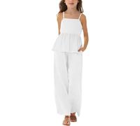 Generisch Traje informal de niña suave y cómodo, de un solo color, dos piezas, ideal para el día a día como traje de ocio de verano con pantalones, Blanco, 7-8 años
