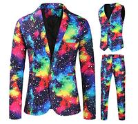 Generisch Traje para hombre de 3 piezas, chaleco y pantalón largo con galaxia estrellas universo niebla 3D estampado esmoquin hombres festivo boda fiesta baile negocios, Negro , XL