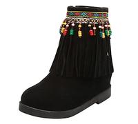 Generisch - Tubo central de invierno con flecos para mujer, colgante, botas cortas, estilo retro folk, cálido interior elevador, botas planas de algodón, zapatos de balonmano para mujer, Negro , 37