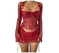 Generisch Tubo de vendaje de lentejuelas huecas Top UN vestido múltiple conjunto de vestidos para elegante moda de noche, rojo, S