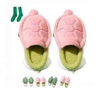 Generisch Turtle Slippers for Women Gift with Socks, Plush Cute Memory Foam House Shoes Non-Slip Indoor Outdoor Cozy Animal Slippers, Rosa A, 32/33 EU