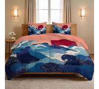 Generisch Ukiyo-e - Edredón japonés de 135 x 200 cm, para 4 estaciones, color rojo sol Fuji Océano Puntos Lavable sin funda - Suave y cómodo Edredón para todo el año con 2 fundas de almohada de 80 x