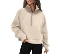 Generisch und Winter Neue Damen Sport Half Zip Yoga Wear Loose Stehkragen Fleecepullover (Beige, S)