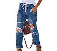 Generisch Vaqueros clásicos para mujer con forma de pierna recta, diseño casual con cordón rasgado para lo último, azul oscuro, S