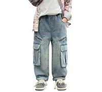 Generisch Vaqueros para Niños Primavera, y, Medianos y Grandes, Personalizado Retro Multi-Pocket Recta Pantalones Para Y Niñas, De Moda Grande Holgado Largo Casual Jeans Natación Pantalones Niño, azul