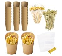 Generisch Vasos para salchichas de 14 onzas con palillos y bolsas, paquete de 50 soportes para entrantes de color marrón fuerte, inserto resistente a la grasa, recipientes desechables para aperitivos