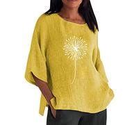 Generisch Verano de las mujeres 3 de 4 mangas cuello redondo flores impresas sueltas camisetas casuales de lino túnica camiseta blusa patines accesorios, amarillo, S