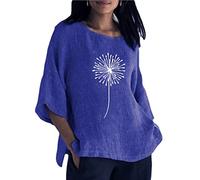 Generisch Verano de las mujeres 3 de 4 mangas cuello redondo flores impresas sueltas camisetas casuales de lino túnica camiseta blusa patines accesorios, azul, XXL
