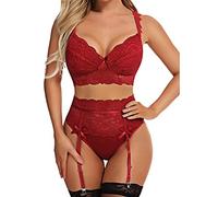 Generisch Verano de las señoras Sheer Floral Encaje Pijamas Lencería Conjunto de ropa de dormir alta sujetador panty 3 piezas ropa de dormir S XXL, rojo, M