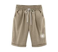 Generisch Verano Diente de León Impresión Pantalones de Algodón de Cintura Alta Plus Grandes Cortometrajes Lacing Beach Training Pheraus Pantalones de cinco puntos, caqui, XL