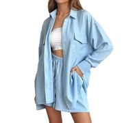 Generisch Verano Dos Piezas Mujer Elegante Muselina Blusa Y Pantalones Cortos, Conjunto de Salón Estético de Algodón Traje Deportivo Oversize Traje Casual Manga Larga Ropa de Casa, azul, S