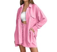 Generisch Verano Dos Piezas Mujer Elegante Muselina Blusa Y Pantalones Cortos, Conjunto de Salón Estético de Algodón Traje Deportivo Oversize Traje Casual Manga Larga Ropa de Casa, rojo, M