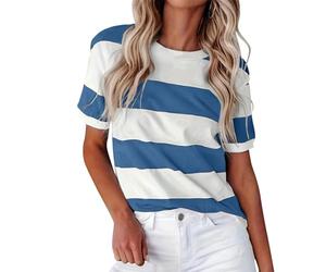 Generisch Verano Frontera Europea Americana Moda Rayas Estampado Cuello Redondo Manga Corta Casual T Camiseta Mujeres, marine, XL