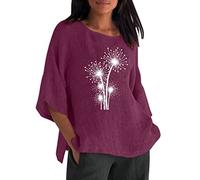Generisch Verano Mujer 3 de 4 Mangas Cuello Redondo Floral Impreso Suelto Tops Camisetas Casual Mezcla Lino Túnica Camiseta Blusa 80 Años, morado, S