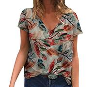 Generisch Verano Mujer Manga Corta Talla Grande Tops Cuello en V Casual Entrenamiento Camisetas Sueltas Flores Túnica Básica Tees Tops Mujer Elegante, rojo, XXL