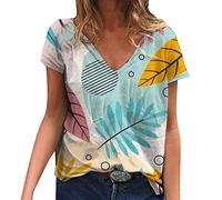 Generisch Verano Mujer Manga Corta Talla Grande Tops Cuello en V Casual Entrenamiento Camisetas Sueltas Flores Túnica Básica Tees Tops Mujer Elegante, caqui, XL