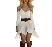 Generisch Vestido ajustado negro para mujer, manga larga, cuello redondo, para el día a día, traje de vacaciones con sombrero vaquero, vestido con cinturón, manga larga para mujer, Blanco, XL