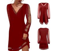 Generisch Vestido brillante para mujer, minivestido sexy, cuello de pico, vestido corto de malla, vestido de manga larga, vestido de cóctel, vestido de fiesta, vestido de lentejuelas, elegante
