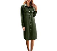 Generisch Vestido camisero de pana de manga larga, vestido maxi casual con cuello, monocolor, túnica cómoda para el día a día, verde, S