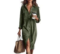 Generisch Vestido camisero de pana para mujer, vestido largo midi casual, maxi vestido suelto de manga larga con bolsillo, verde, S