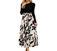 Generisch Vestido casual de mujer con estampado floral, manga larga, cuello redondo, elegante, vestido maxi para uso diario, vacaciones, ocio, primavera, beige, XXL
