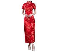 Generisch Vestido Cheongsam Chino Tradicional Bordado Manga Corta Largo Señoras Qipao Elegante Festivo Más Talla, Rojo sandía, L