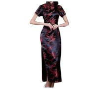 Generisch Vestido Chino Cheongsam Diseño Tradicional Qipao Adorno Bordado Manga Corta Larga Mujer Talla Grande Moda de Noche Elegante, Negro , XL