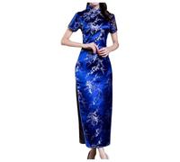 Generisch Vestido Chino Cheongsam Diseño Tradicional Qipao Adorno Bordado Manga Corta Larga Mujer Talla Grande Moda de Noche Elegante, azul oscuro, 3XL