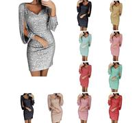 Generisch Vestido con purpurina, vestido de lentejuelas para mujer, vestido de fiesta, corto, plateado, negro, lentejuelas, flecos, manga larga, vestido de cóctel, elegante, sexy, vestido de novia