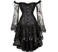 Generisch Vestido corsé de terciopelo azul medianoche de manga larga con falda de malla transparente para elegante disfraz de corte gótico en fiestas de Halloween (negro, S)