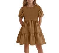 Generisch Vestido corto de color liso para niñas con cuello redondo y elegante, vestido largo para niñas, café, 7-8 años