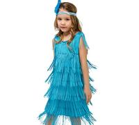 Generisch Vestido de baile latino con flecos de lentejuelas para niñas, vestido de tango con borla, vestido de salón de baile con diadema de plumas, azul, 4-6 años