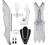 Generisch Vestido de cóctel para mujer, estilo años 20, con flecos de encaje, incluye accesorios para fiestas, bailes y perlas, Blanco, L