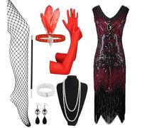 Generisch Vestido de cóctel para mujer, estilo años 20, con flecos de encaje, incluye accesorios para fiestas, bailes y perlas, Color rojo., M