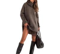 Generisch Vestido de cuello alto para mujer con ribete de encaje mini vestido de dos capas de punto suave elegante conjunto con vestido slip y vestido de punto, marrón, L