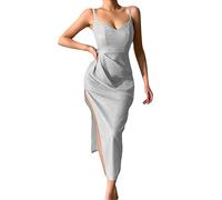 Generisch Vestido de fiesta brillante con cuello en V para mujer, estilo club nocturno, minivestido ajustado con diseño brillante para una noche elegante, plata, XL