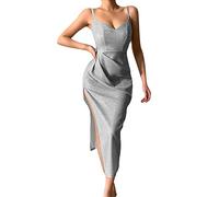 Generisch Vestido de fiesta brillante con cuello en V para mujer, estilo club nocturno, minivestido ajustado con diseño brillante para una noche elegante, gris, M