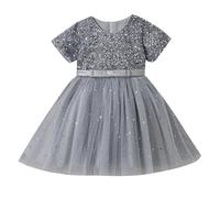 Generisch Vestido de fiesta brillante para niña con falda escalonada, elegante vestido de princesa para fiestas, actuaciones, vacaciones, lentejuelas brillantes, vestido de tul para 4 a 14 años, gris