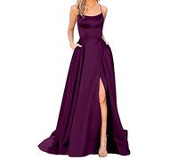 Generisch Vestido de fiesta largo para mujer, elegante, sin espalda, largo, de satén, espagueti, para fiesta, con abertura lateral, para boda, fiesta de noche, con bolsillos, morado, S