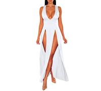 Generisch Vestido de fiesta para mujer, largo, sexy, sin mangas, con cuello en V, vestido maxi, monocolor, moderno, de corte alto, vestido de cóctel, club, fiesta, club nocturno, vestido de fiesta
