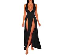 Generisch Vestido de fiesta para mujer, largo, sexy, sin mangas, con cuello en V, vestido maxi, monocolor, moderno, de corte alto, vestido de cóctel, club, fiesta, club nocturno, vestido de fiesta