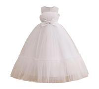 Generisch Vestido de fiesta para niña con lazo, elegante tutú, para ocasiones festivas, actuaciones, ropa de fiesta ideal para vestido de fiesta con falda de malla, Blanco, 8-10 años