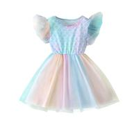 Generisch Vestido de fiesta para niñas pequeñas con mangas casquillo para bailes y fiestas de vacaciones, azul, 4-5 años