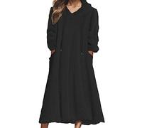 Generisch Vestido de forro polar para mujer, vestido de invierno, vestido blanco, vestido midi blanco, manga 3/4, color puro, bolsillo, invierno, capucha, Negro , S
