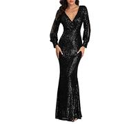 Generisch Vestido de lentejuelas para mujer, manga larga, cuello en V profundo, vestido brillante, elegante, monocolor, cola de pescado, vestido de fiesta, ligero, vestido de noche, boda, invitado de