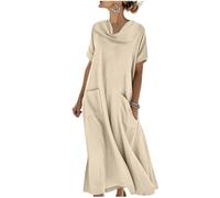 Generisch Vestido de lino para mujer, de verano, largo, manga corta, muselina, elegante, maxi, de lino, ligero y aireado, vestido de verano italiano, vestido de playa, vestido de blusa, vestido