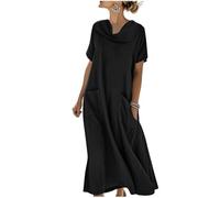 Generisch Vestido de lino para mujer, de verano, largo, manga corta, muselina, elegante, maxi, de lino, ligero y aireado, vestido de verano italiano, vestido de playa, vestido de blusa, vestido