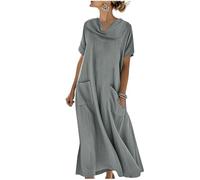 Generisch Vestido de lino para mujer, de verano, largo, manga corta, muselina, elegante, maxi, de lino, ligero y aireado, vestido de verano italiano, vestido de playa, vestido de blusa, vestido